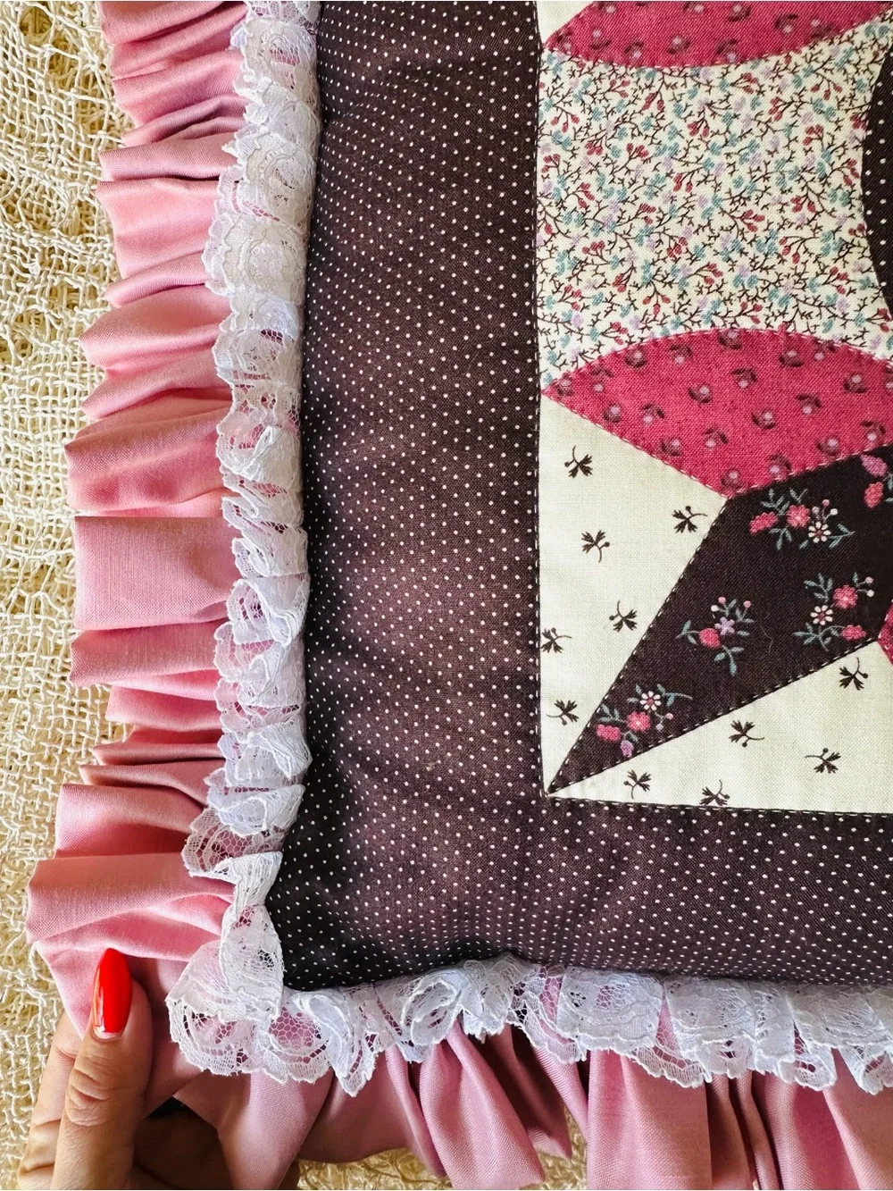Vintage Patchwork Quilt Throw Pillow Ruffle Lace Floral 21x21 Grandmacore Boho